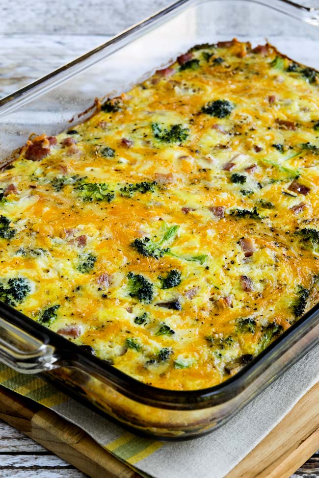 Broccoli, Mushrooms, Ham, and Cheddar Baked with Eggs found on KalynsKitchen.com