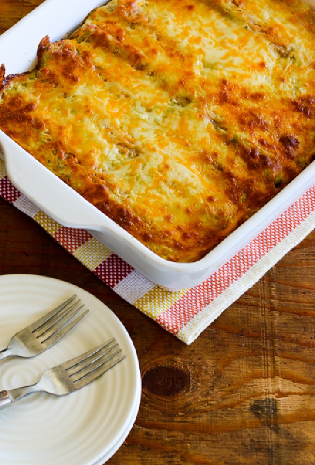 close-up photo Green Chile Chicken Enchilada Casserole