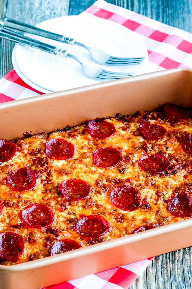Sausage and Pepperoni Layered Pizza Bake, keto version shown in baking pan.