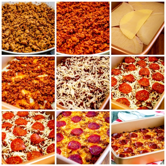 Sausage and Pepperoni Layered Pizza Bake (Low-Carb or Keto) process shots collage